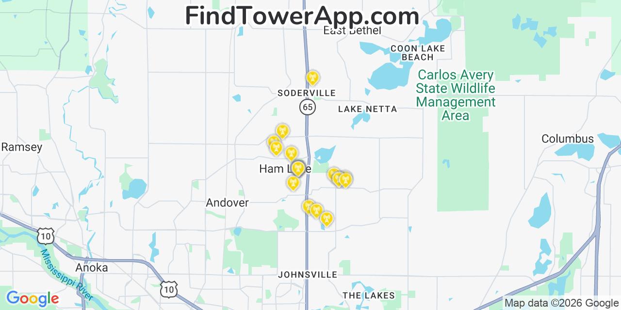 Map showing the 20 primary cell tower locations detected in Ham Lake, Minnesota from AT&T, Verizon, and T-Mobile networks