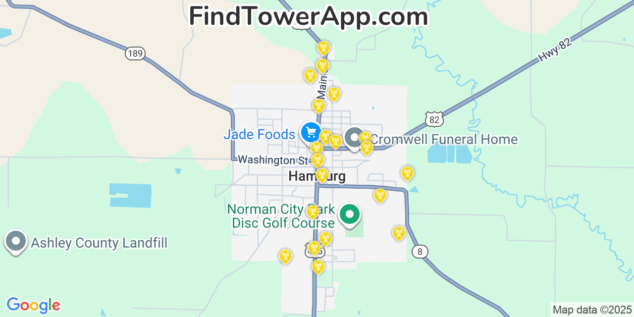 Map showing the 20 primary cell tower locations detected in Hamburg, Arkansas from AT&T, Verizon, and T-Mobile networks