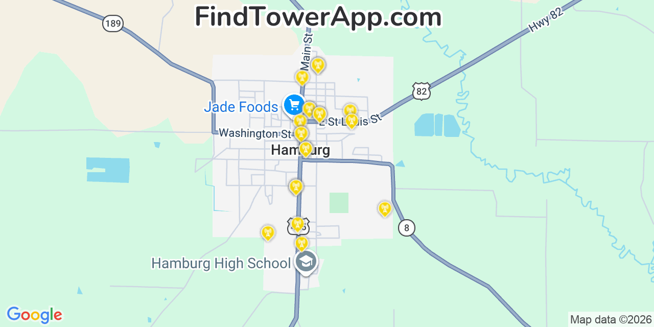 Map showing the 20 primary cell tower locations detected in Hamburg, Arkansas from AT&T, Verizon, and T-Mobile networks