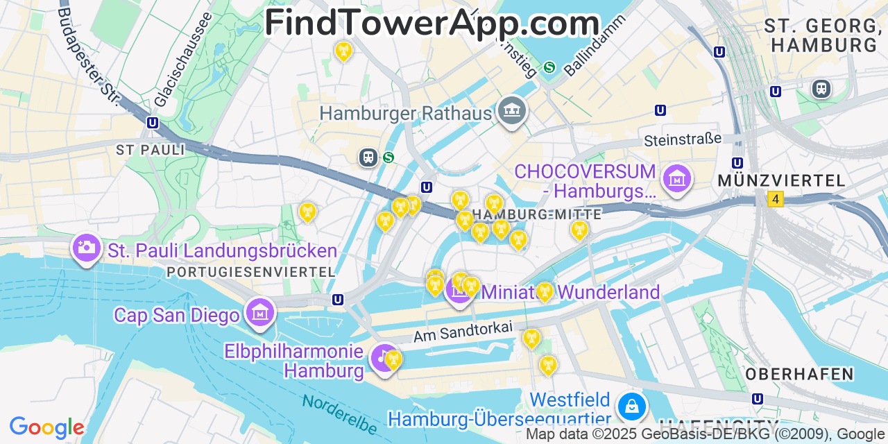 Map showing the 20 primary cell tower locations detected in Hamburg, Germany with coverage areas and signal strength