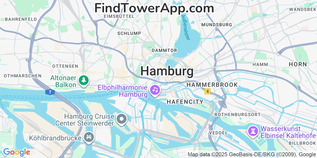 Map showing the 0 primary Telekom cell tower locations detected in Hamburg, Germany with coverage radius and signal strength indicators