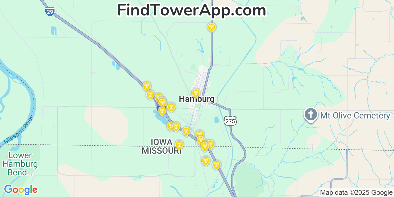 Map showing the 20 primary cell tower locations detected in Hamburg, Iowa from AT&T, Verizon, and T-Mobile networks