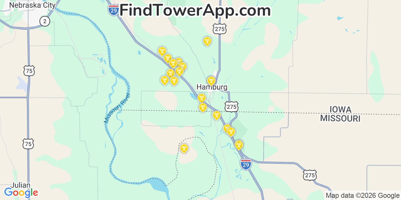 Map showing the 20 primary cell tower locations detected in Hamburg, Iowa from AT&T, Verizon, and T-Mobile networks