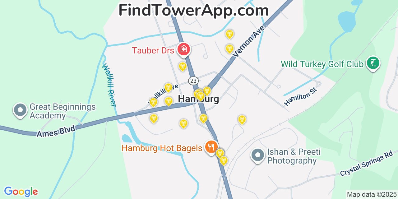 Map showing the 20 primary cell tower locations detected in Hamburg, New Jersey from AT&T, Verizon, and T-Mobile networks