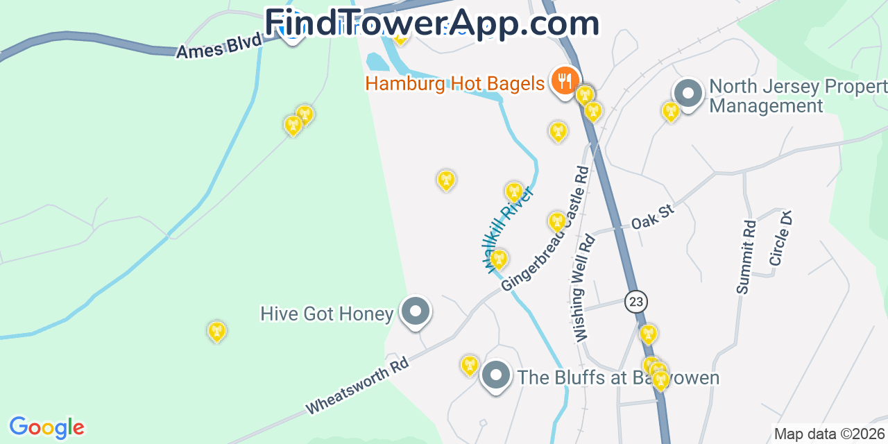 Map showing the 20 primary cell tower locations detected in Hamburg, New Jersey from AT&T, Verizon, and T-Mobile networks