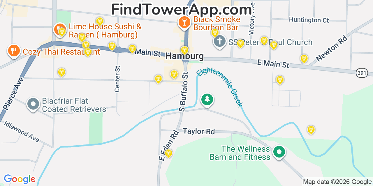 Map showing the 20 primary cell tower locations detected in Hamburg, New York from AT&T, Verizon, and T-Mobile networks