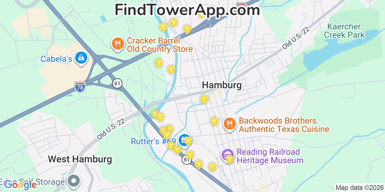 Map showing the 20 primary cell tower locations detected in Hamburg, Pennsylvania from AT&T, Verizon, and T-Mobile networks