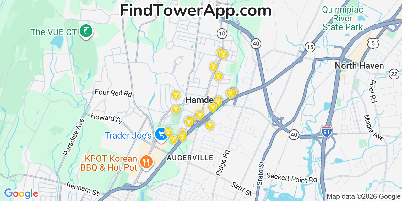 Map showing the 20 primary cell tower locations detected in Hamden, Connecticut from AT&T, Verizon, and T-Mobile networks