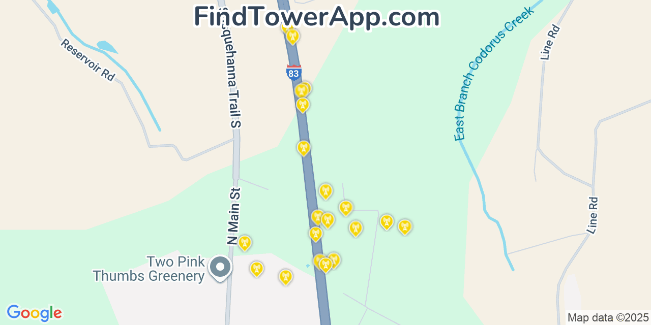 Map showing the 20 primary AT&T cell tower locations detected in Hametown, Pennsylvania with coverage radius and signal strength indicators