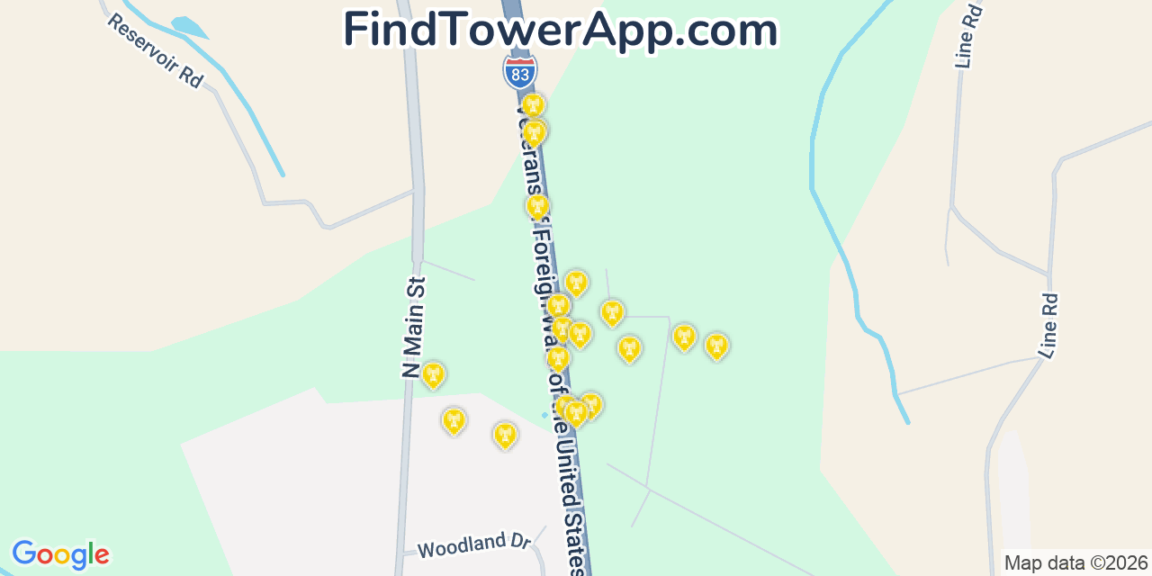 Map showing the 20 primary cell tower locations detected in Hametown, Pennsylvania from AT&T, Verizon, and T-Mobile networks