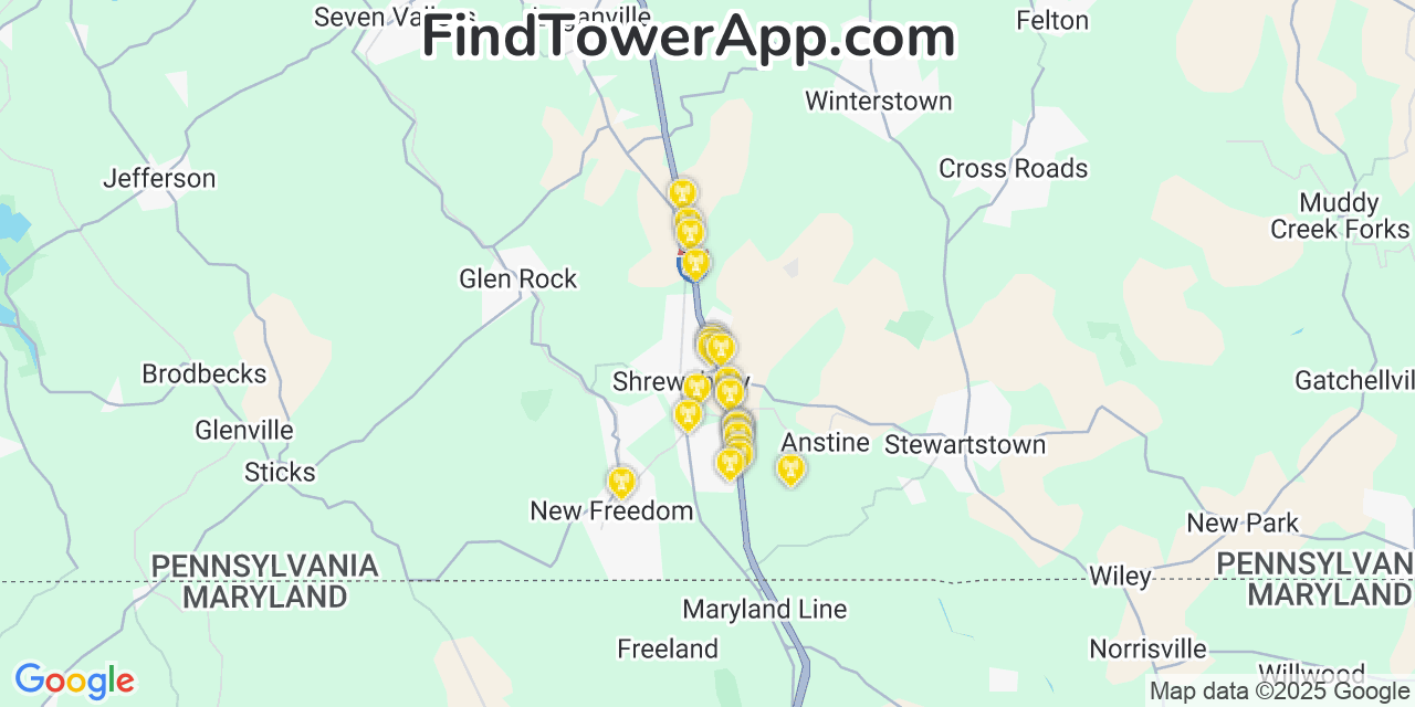 Map showing the 24 primary Verizon cell tower locations detected in Hametown, Pennsylvania with coverage radius and signal strength indicators