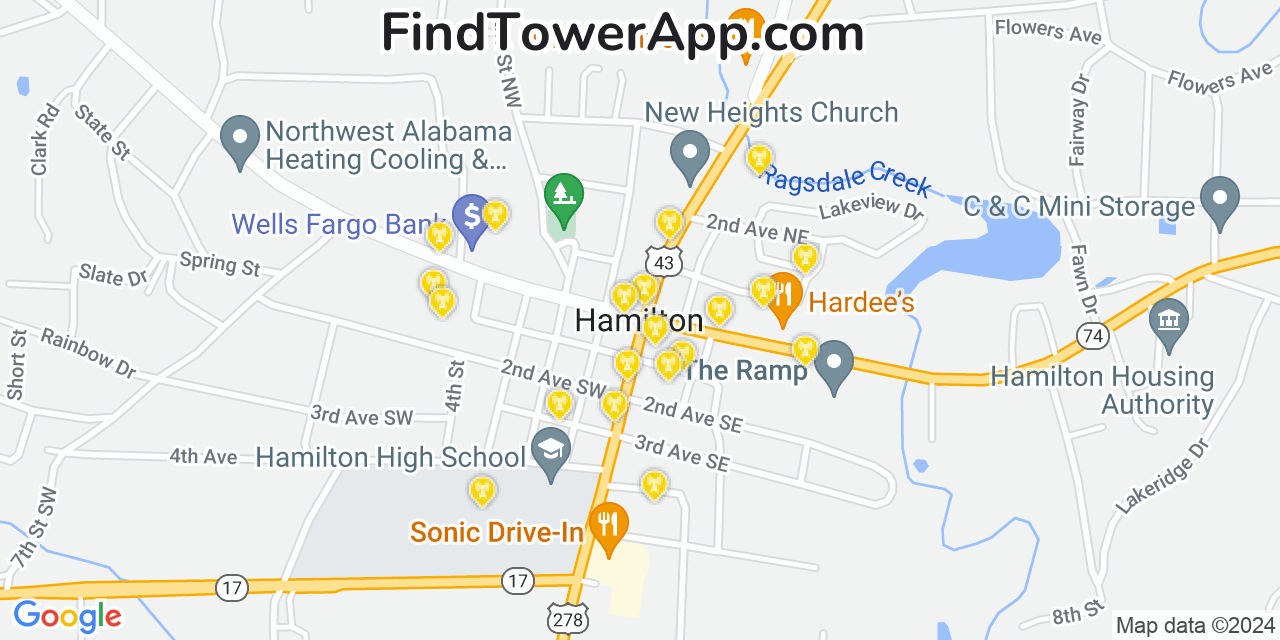 AT&T 4G/5G cell tower coverage map Hamilton, Alabama