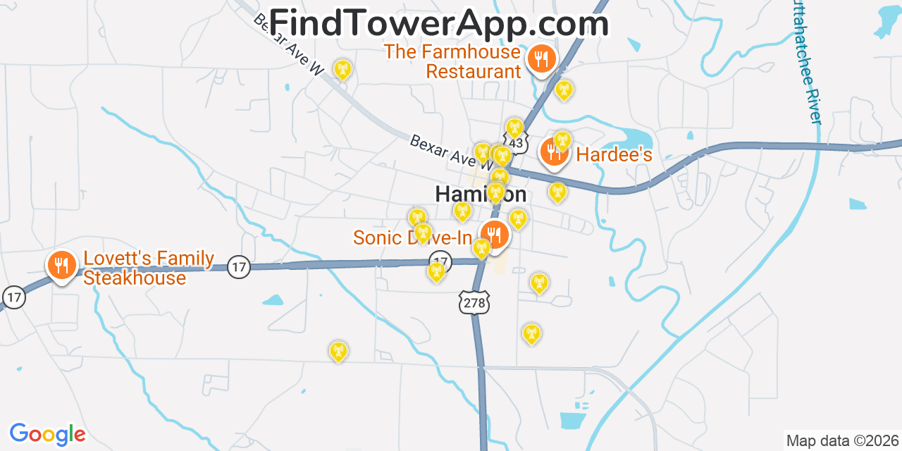 Map showing the 20 primary cell tower locations detected in Hamilton, Alabama from AT&T, Verizon, and T-Mobile networks