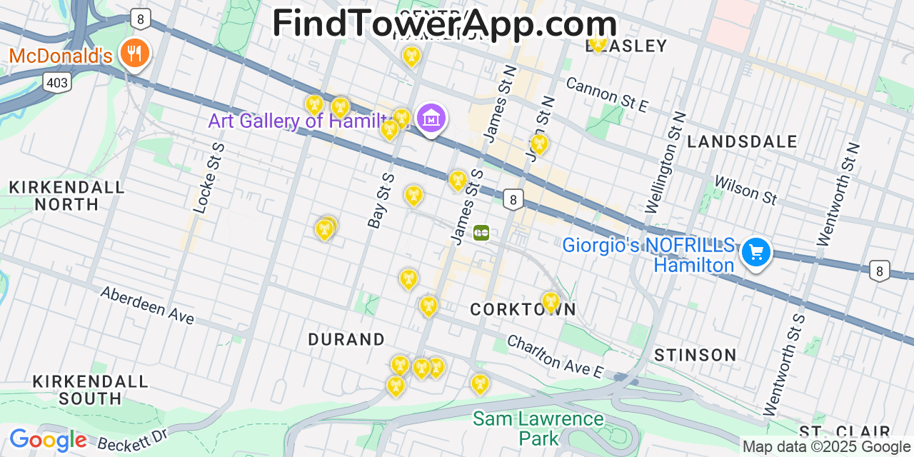 Map showing the 20 primary cell tower locations detected in Hamilton, Canada with coverage areas and signal strength