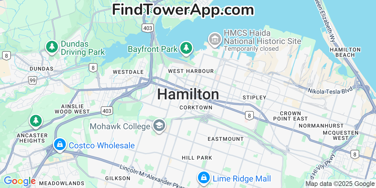 Map showing the 0 primary SaskTel-Mobility cell tower locations detected in Hamilton, Canada with coverage radius and signal strength indicators