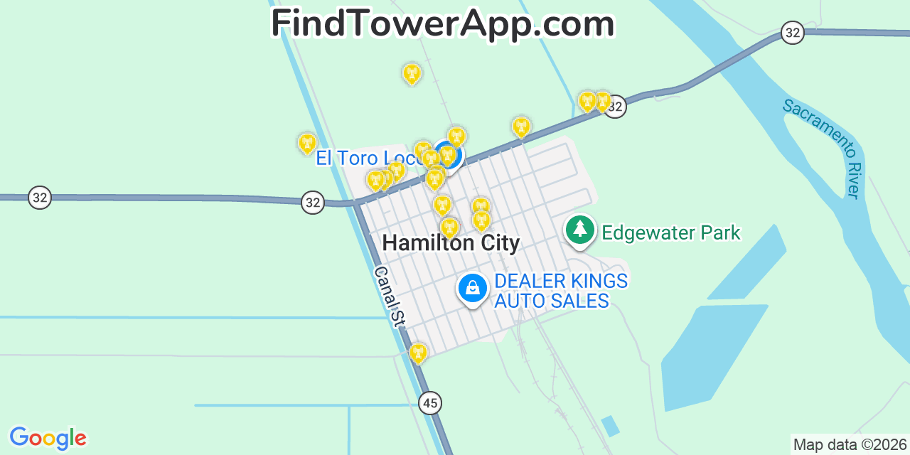 Map showing the 20 primary cell tower locations detected in Hamilton City, California from AT&T, Verizon, and T-Mobile networks
