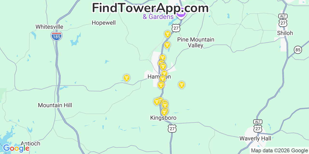 Map showing the 20 primary cell tower locations detected in Hamilton, Georgia from AT&T, Verizon, and T-Mobile networks