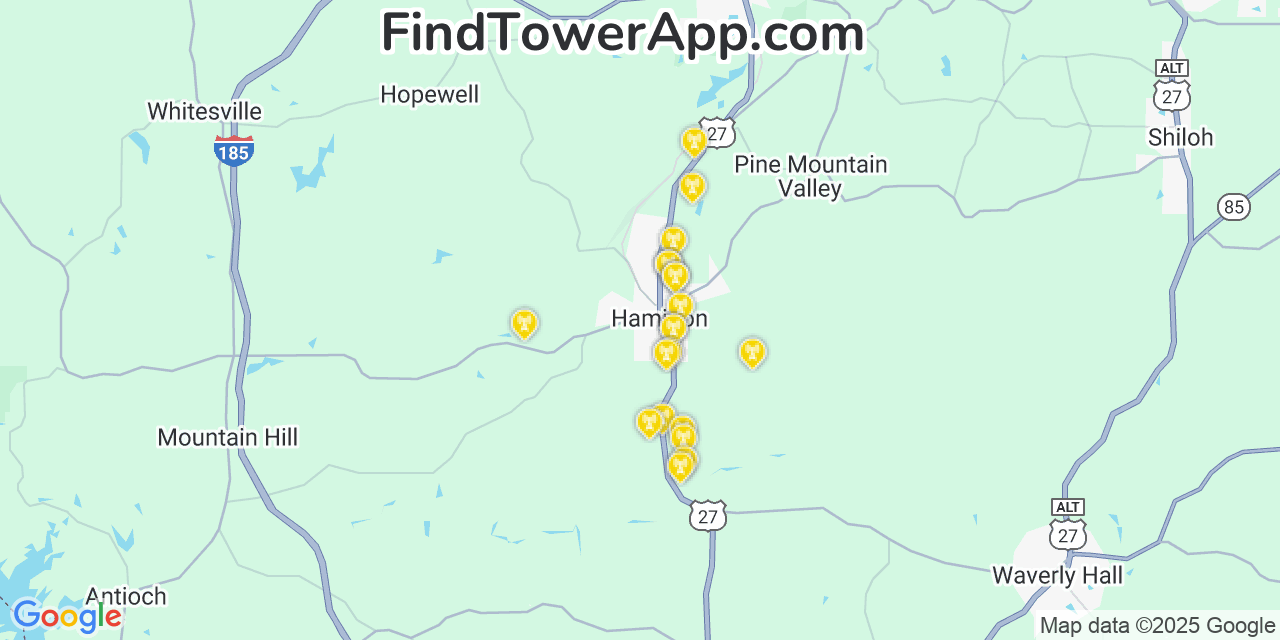 Map showing the 20 primary Mobitel cell tower locations detected in Hamilton, Georgia with coverage radius and signal strength indicators
