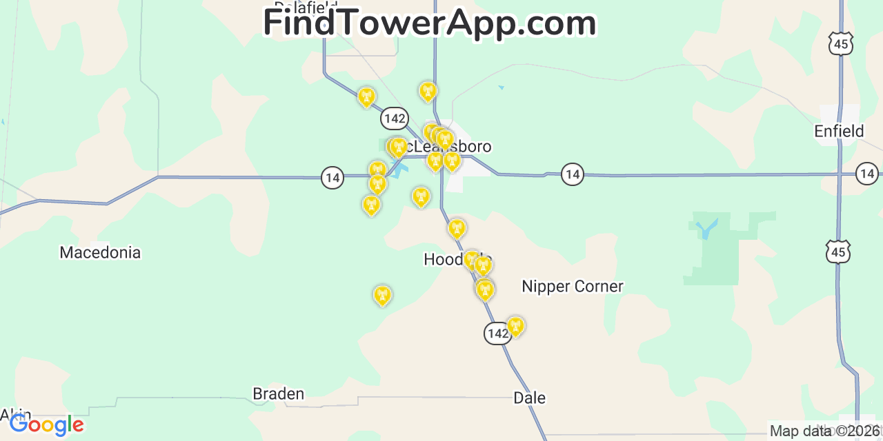 Map showing the 20 primary cell tower locations detected in Hamilton, Illinois from AT&T, Verizon, and T-Mobile networks