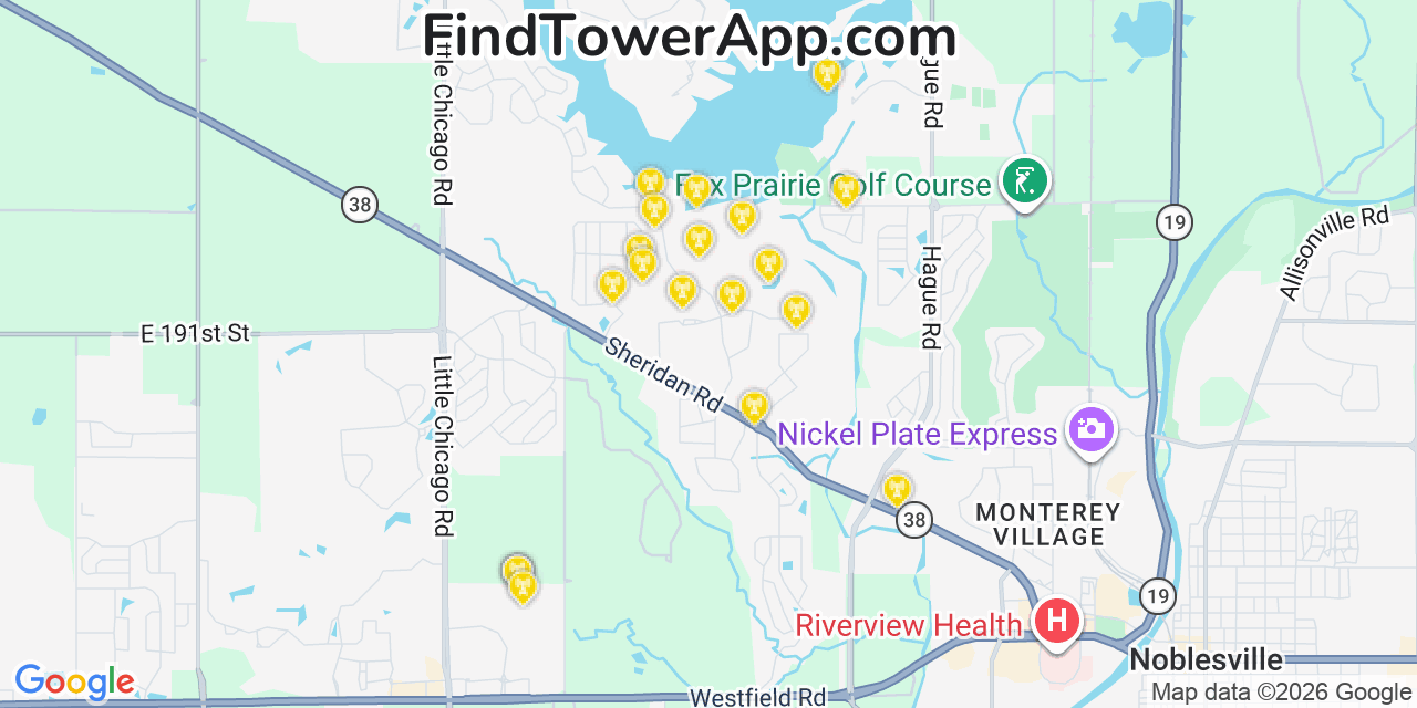 Map showing the 20 primary cell tower locations detected in Hamilton, Indiana from AT&T, Verizon, and T-Mobile networks