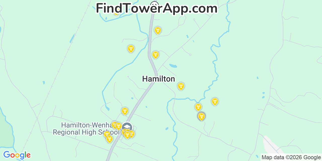 Map showing the 20 primary cell tower locations detected in Hamilton, Massachusetts from AT&T, Verizon, and T-Mobile networks