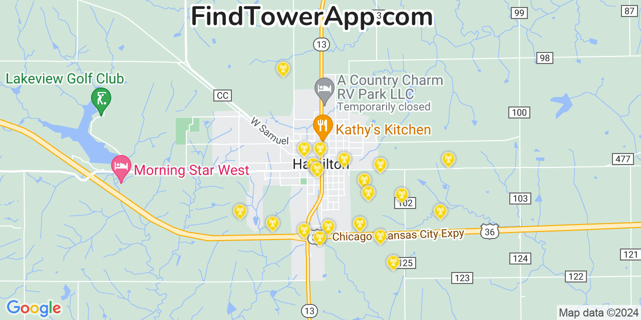 AT&T 4G/5G cell tower coverage map Hamilton, Missouri