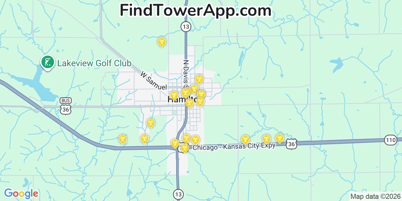 Map showing the 20 primary cell tower locations detected in Hamilton, Missouri from AT&T, Verizon, and T-Mobile networks