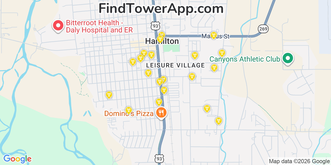 Map showing the 20 primary cell tower locations detected in Hamilton, Montana from AT&T, Verizon, and T-Mobile networks