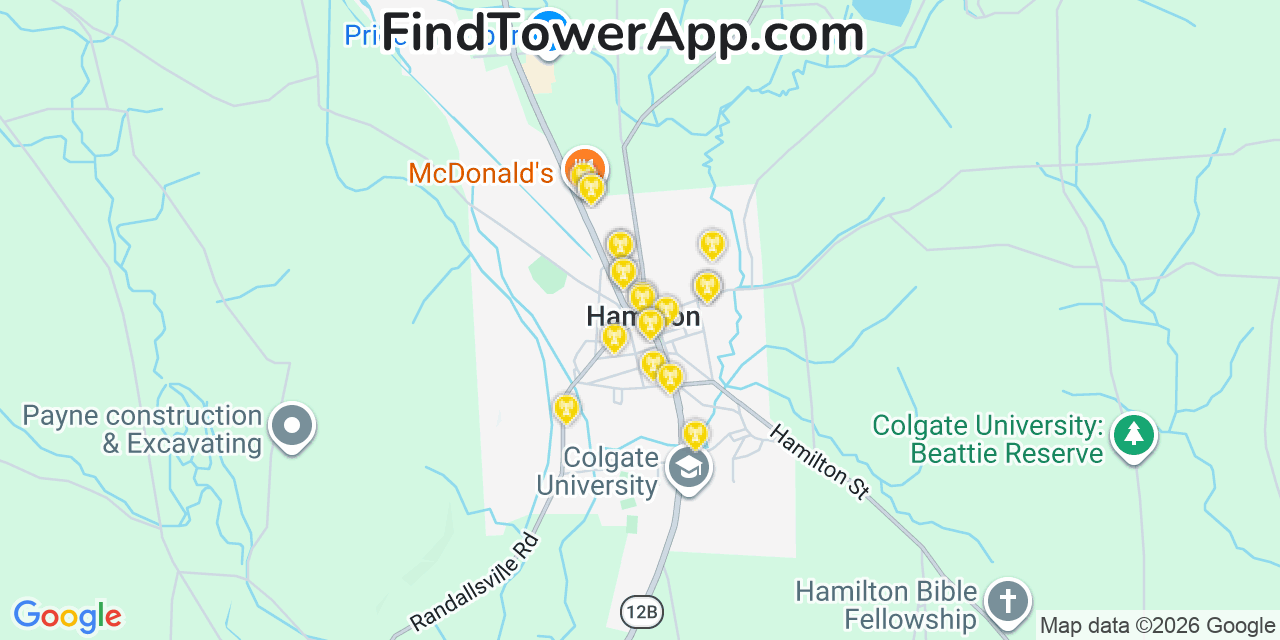 Map showing the 20 primary cell tower locations detected in Hamilton, New York from AT&T, Verizon, and T-Mobile networks