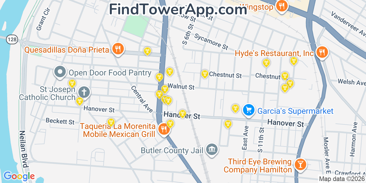 Map showing the 20 primary cell tower locations detected in Hamilton, Ohio from AT&T, Verizon, and T-Mobile networks