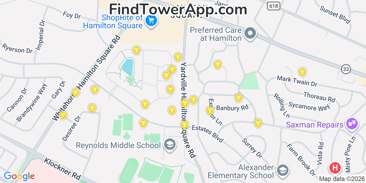 Map showing the 20 primary cell tower locations detected in Hamilton Square, New Jersey from AT&T, Verizon, and T-Mobile networks