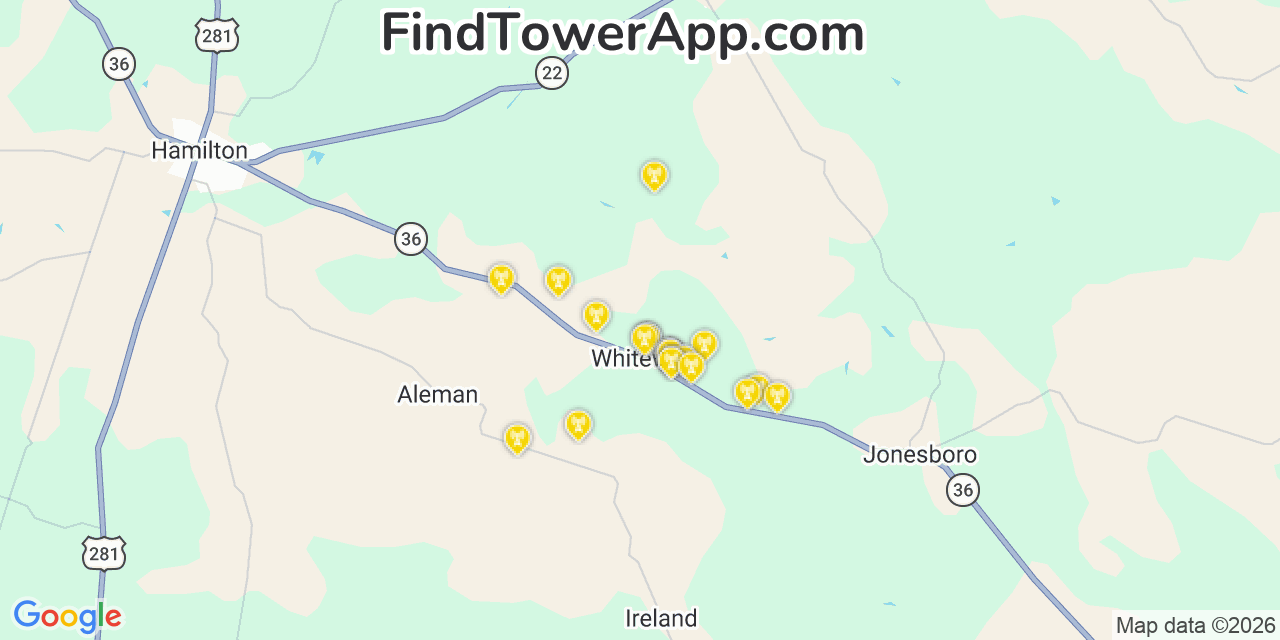 Map showing the 20 primary cell tower locations detected in Hamilton, Texas from AT&T, Verizon, and T-Mobile networks