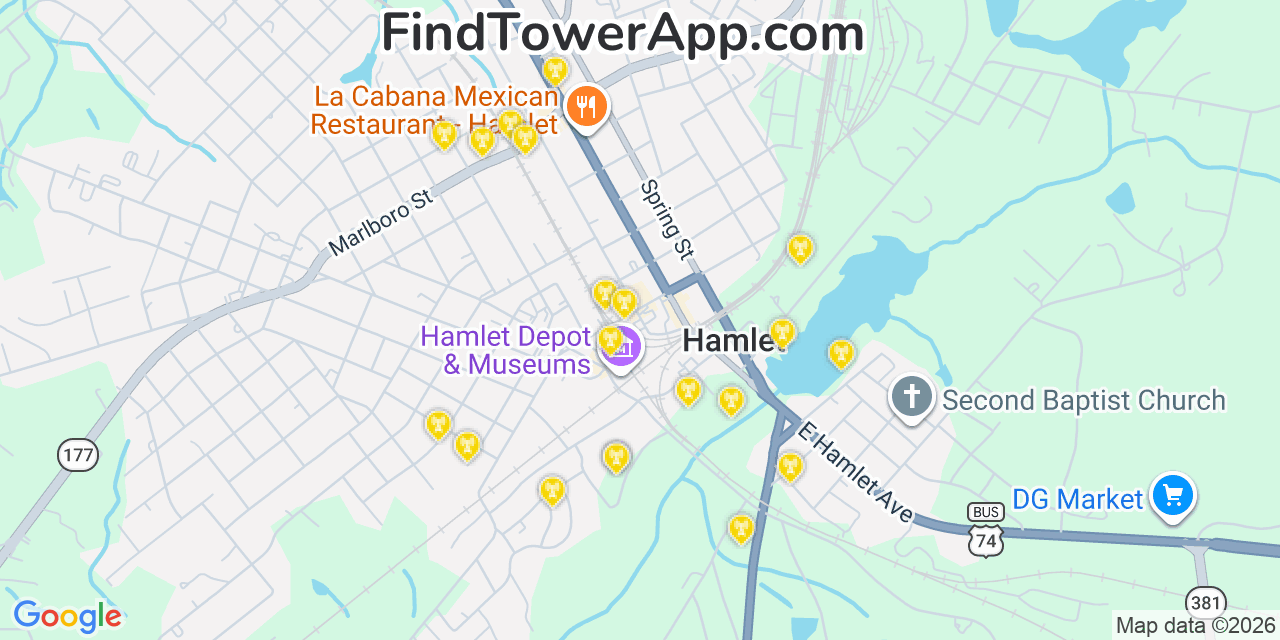 Map showing the 20 primary cell tower locations detected in Hamlet, North Carolina from AT&T, Verizon, and T-Mobile networks
