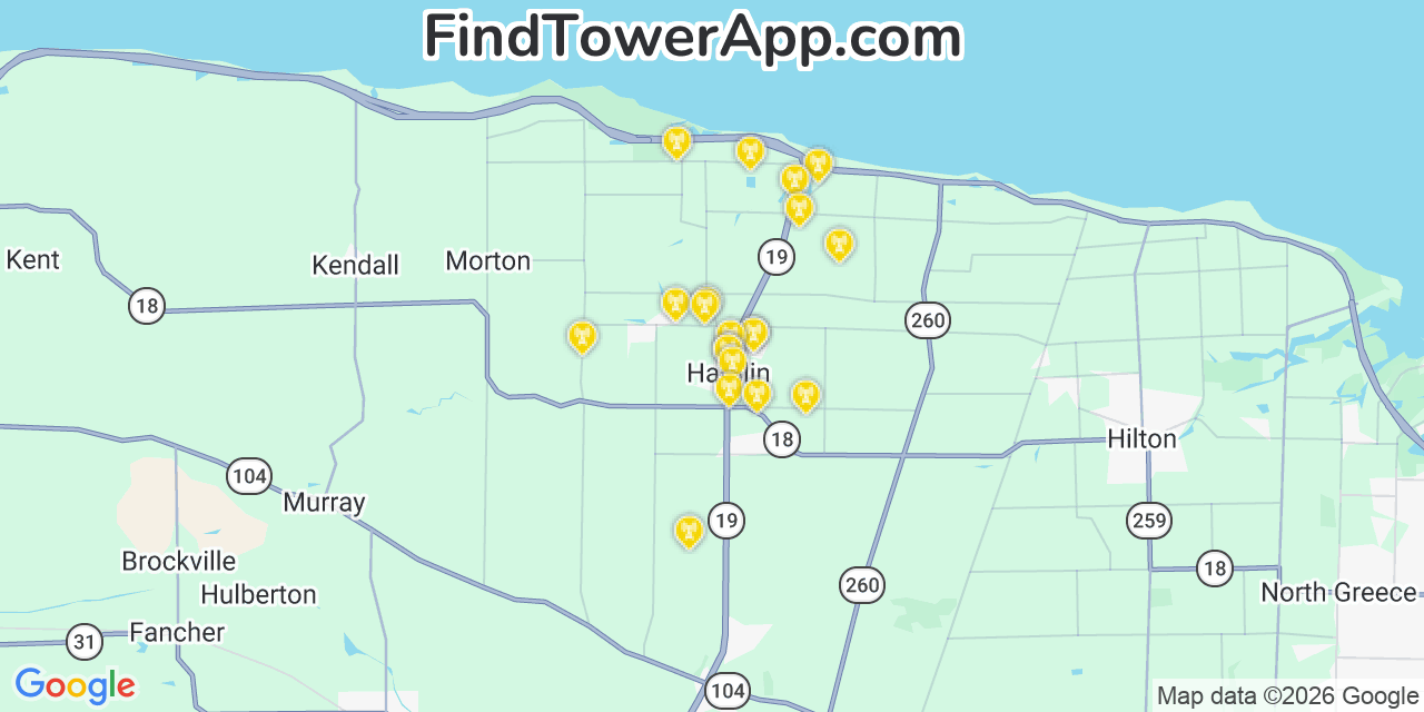 Map showing the 20 primary cell tower locations detected in Hamlin, New York from AT&T, Verizon, and T-Mobile networks