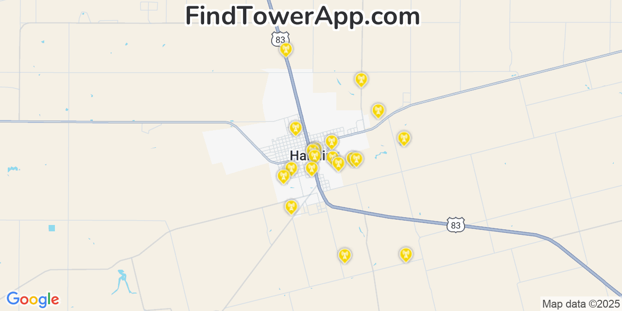 Map showing the 20 primary cell tower locations detected in Hamlin, Texas from AT&T, Verizon, and T-Mobile networks