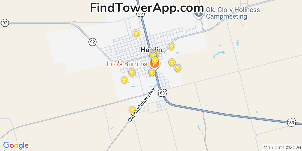 Map showing the 20 primary cell tower locations detected in Hamlin, Texas from AT&T, Verizon, and T-Mobile networks