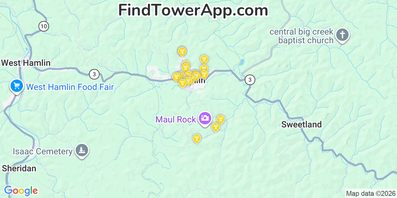 Map showing the 20 primary cell tower locations detected in Hamlin, West Virginia from AT&T, Verizon, and T-Mobile networks
