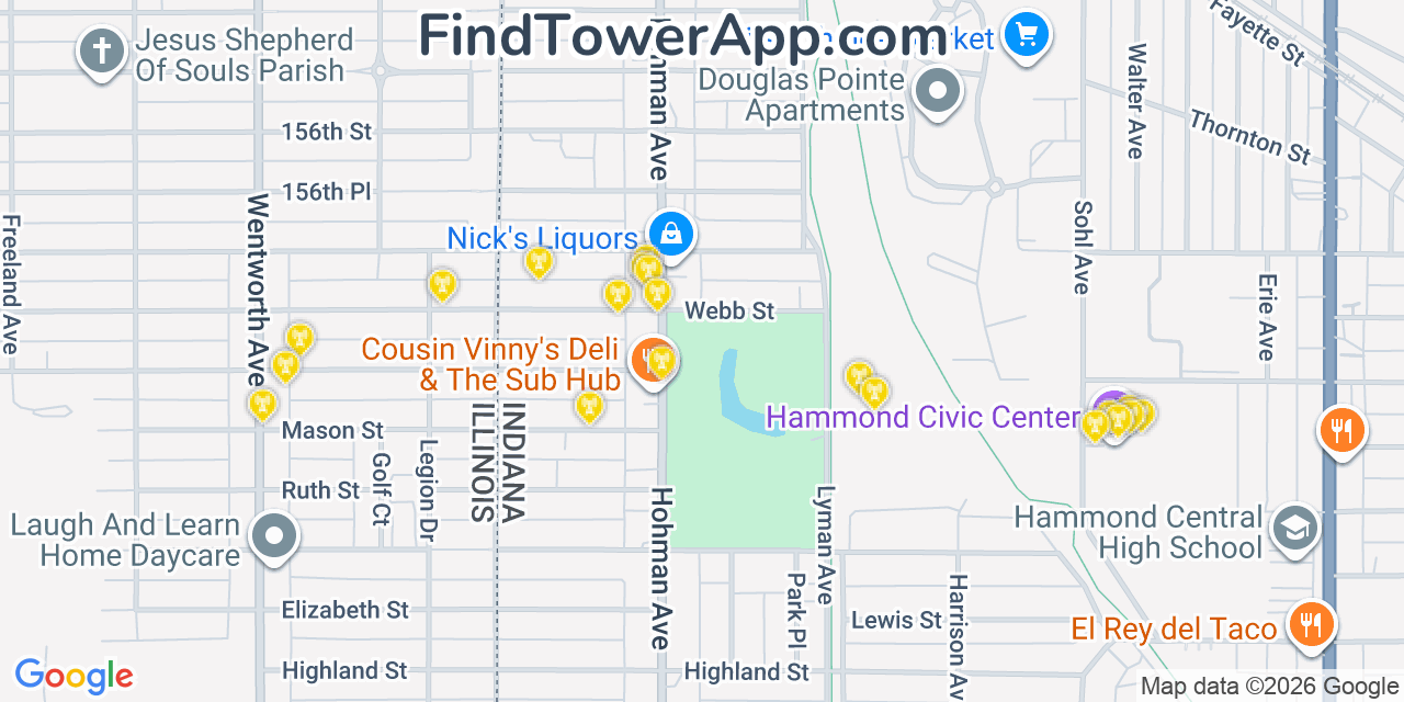 Map showing the 20 primary cell tower locations detected in Hammond, Indiana from AT&T, Verizon, and T-Mobile networks