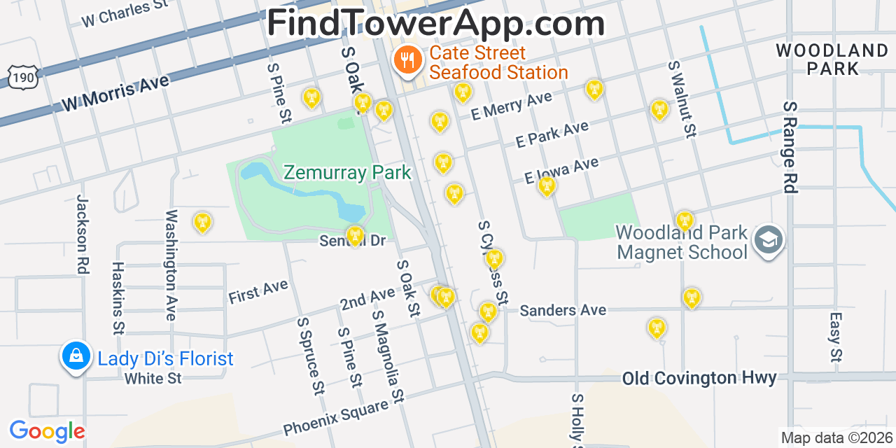 Map showing the 20 primary cell tower locations detected in Hammond, Louisiana from AT&T, Verizon, and T-Mobile networks