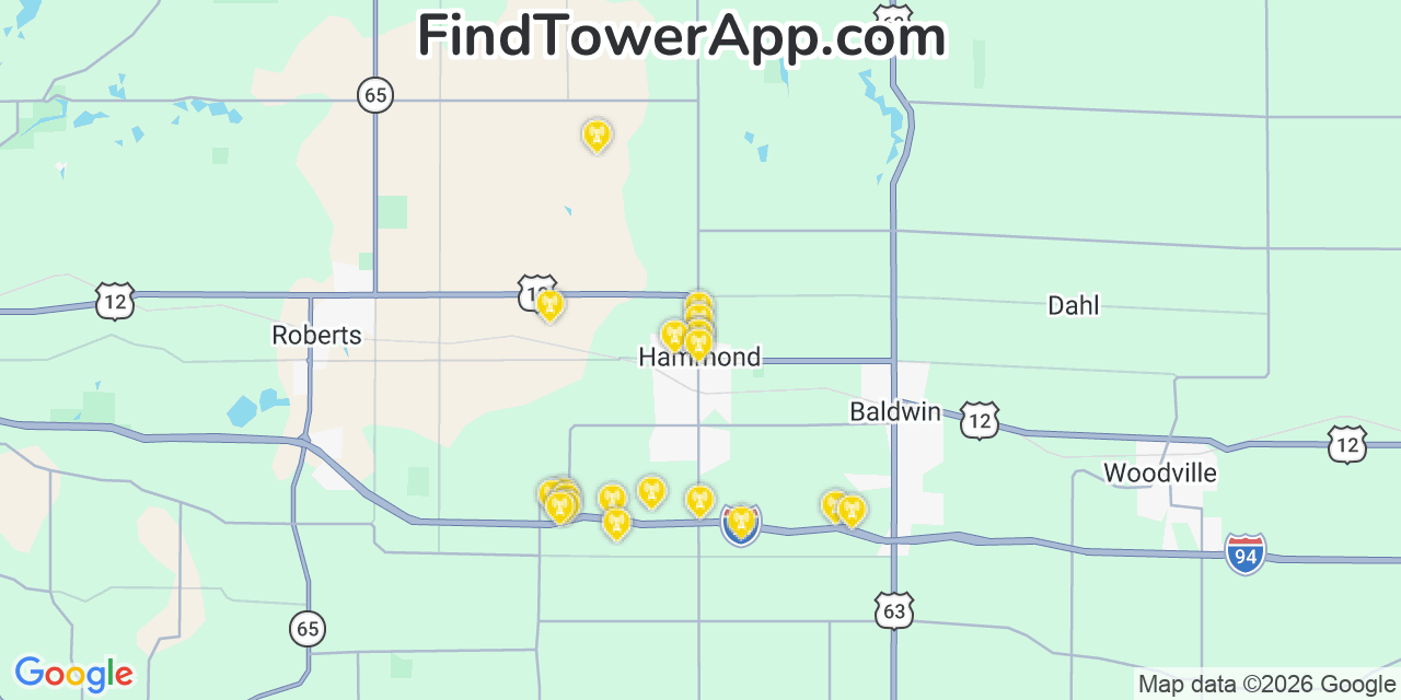 Map showing the 20 primary cell tower locations detected in Hammond, Wisconsin from AT&T, Verizon, and T-Mobile networks