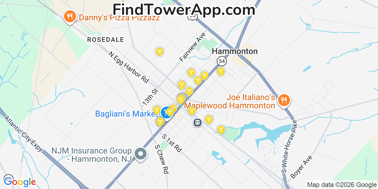 Map showing the 20 primary cell tower locations detected in Hammonton, New Jersey from AT&T, Verizon, and T-Mobile networks