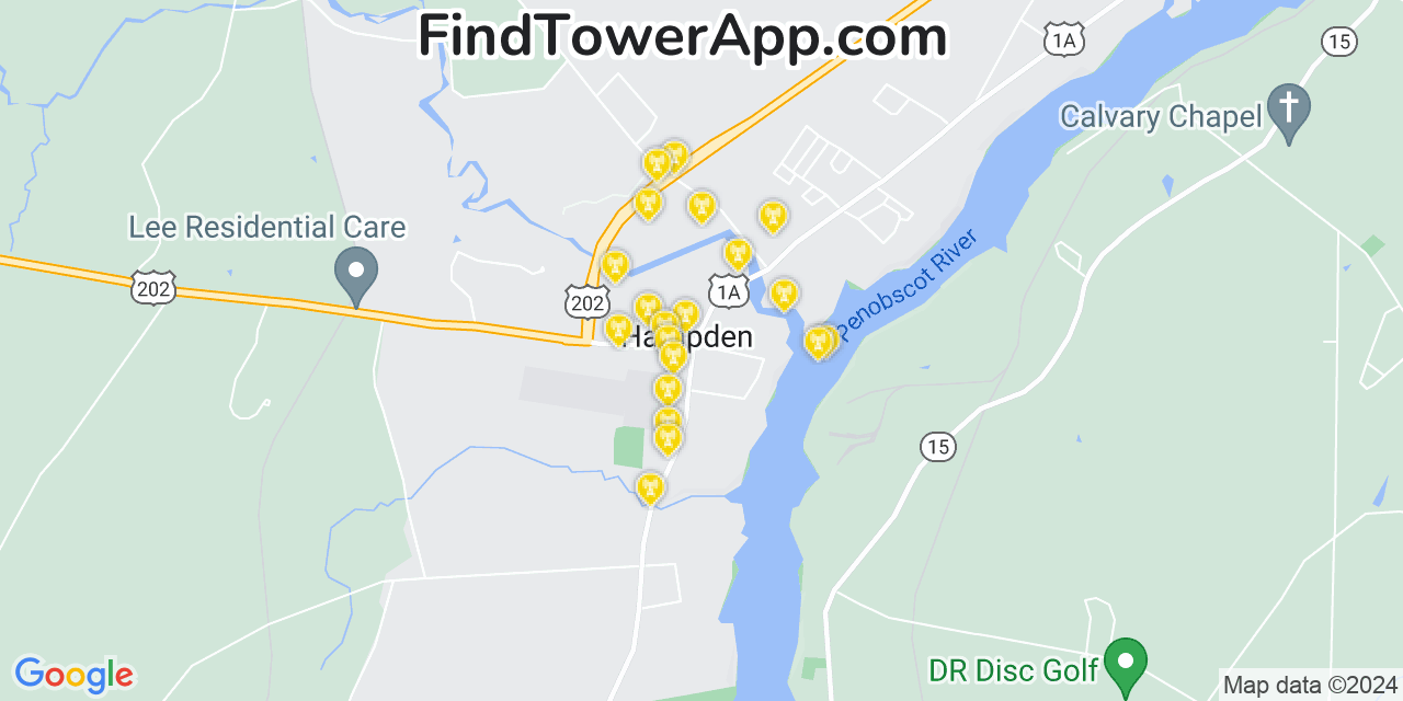 AT&T 4G/5G cell tower coverage map Hampden, Maine