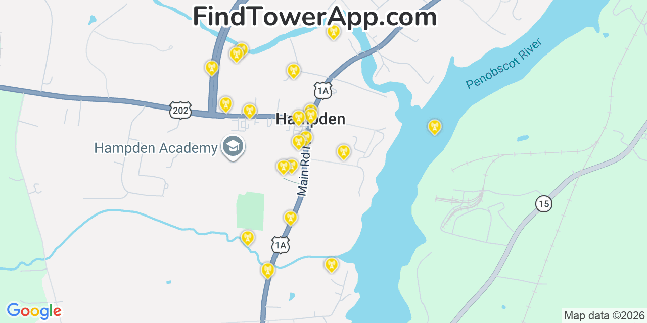 Map showing the 20 primary cell tower locations detected in Hampden, Maine from AT&T, Verizon, and T-Mobile networks