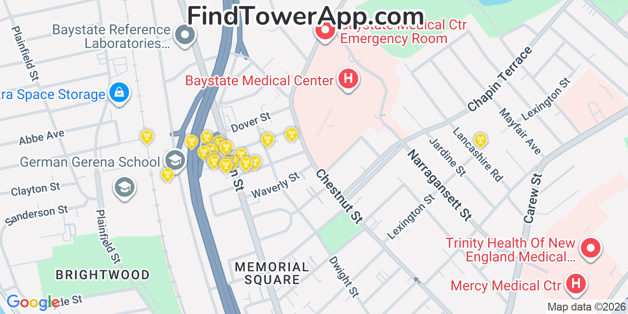 Map showing the 20 primary cell tower locations detected in Hampden, Massachusetts from AT&T, Verizon, and T-Mobile networks