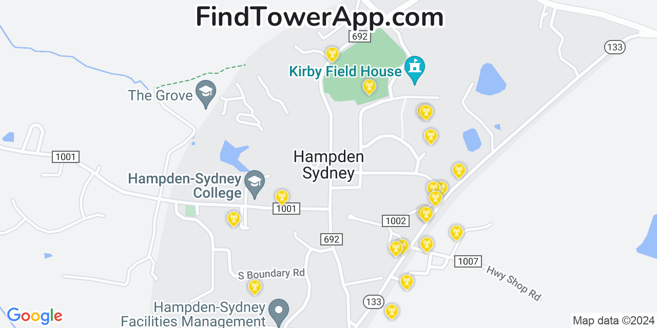 AT&T 4G/5G cell tower coverage map Hampden Sydney, Virginia