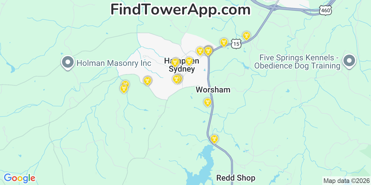 Map showing the 20 primary cell tower locations detected in Hampden Sydney, Virginia from AT&T, Verizon, and T-Mobile networks