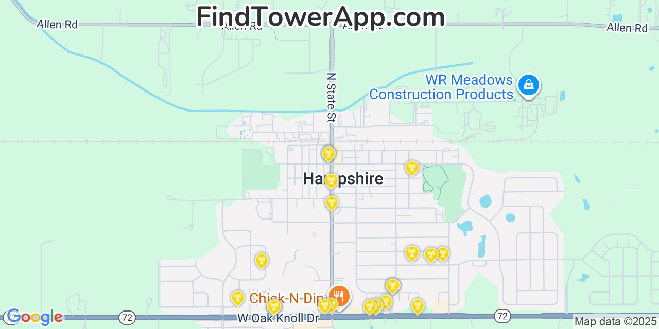 Map showing the 20 primary cell tower locations detected in Hampshire, Illinois from AT&T, Verizon, and T-Mobile networks
