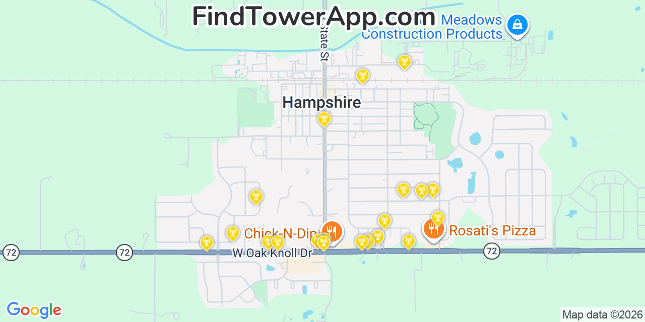 Map showing the 20 primary cell tower locations detected in Hampshire, Illinois from AT&T, Verizon, and T-Mobile networks