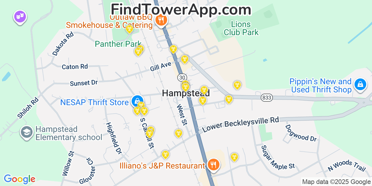 Map showing the 20 primary cell tower locations detected in Hampstead, Maryland from AT&T, Verizon, and T-Mobile networks