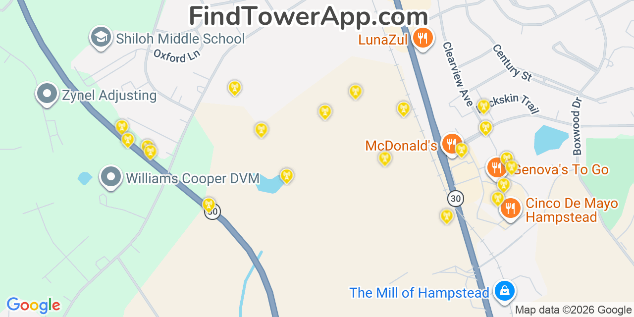 Map showing the 20 primary cell tower locations detected in Hampstead, Maryland from AT&T, Verizon, and T-Mobile networks